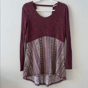 Women's Burgundy Patterned Long Sleeve Tunic Top
